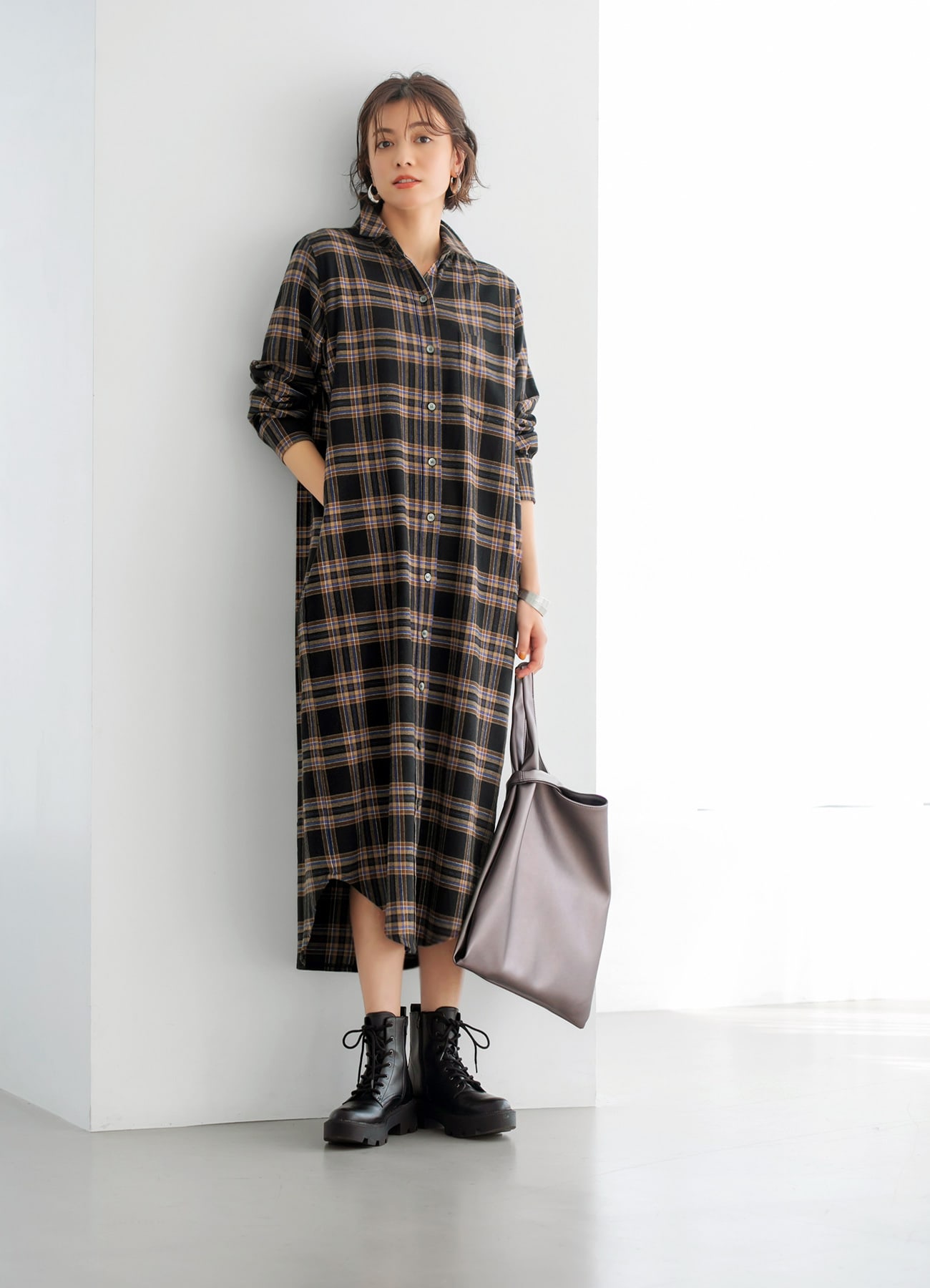 チェック柄ロングシャツワンピース おしゃれな大人レディースファッション通販style Deli